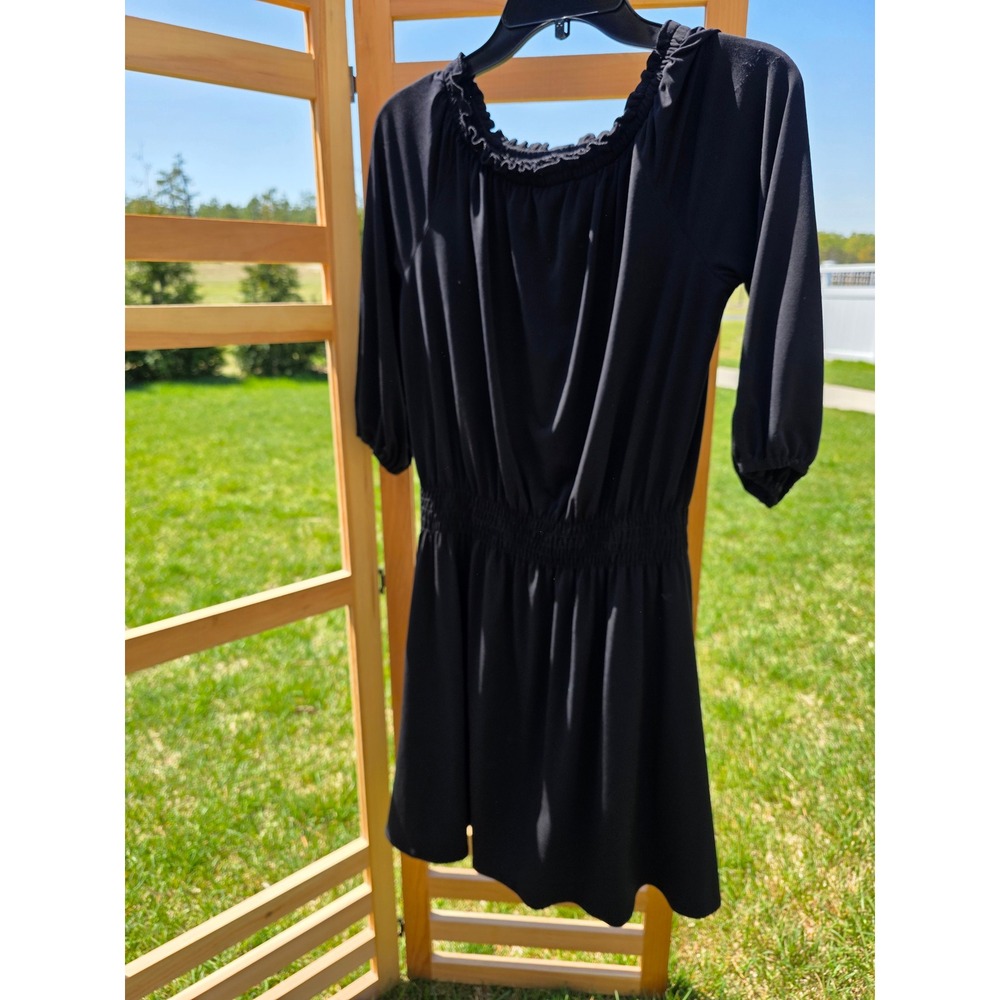 Gap Women's sz XS Black‎ Smocked Waist Ruffle Neck 3/4 Sleeve Mini Dress